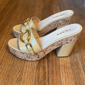 Prada Patent Leather Yellow Cork Platform Block Heeled Sandal Size 38.5 or 8